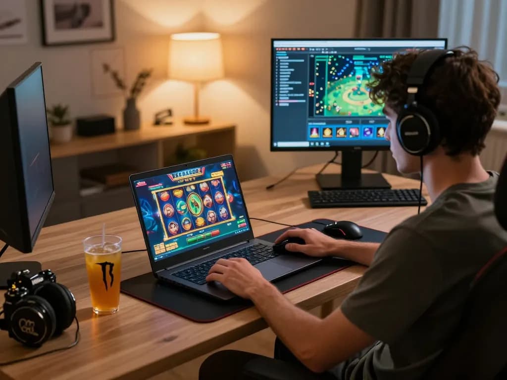 Player engaging in online gaming experience with FAFA828 slot interface on laptop