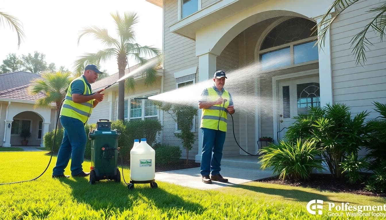 Soft wash being expertly applied on a residential home in Kissimmee, Florida, showcasing eco-safe cleaning methods.