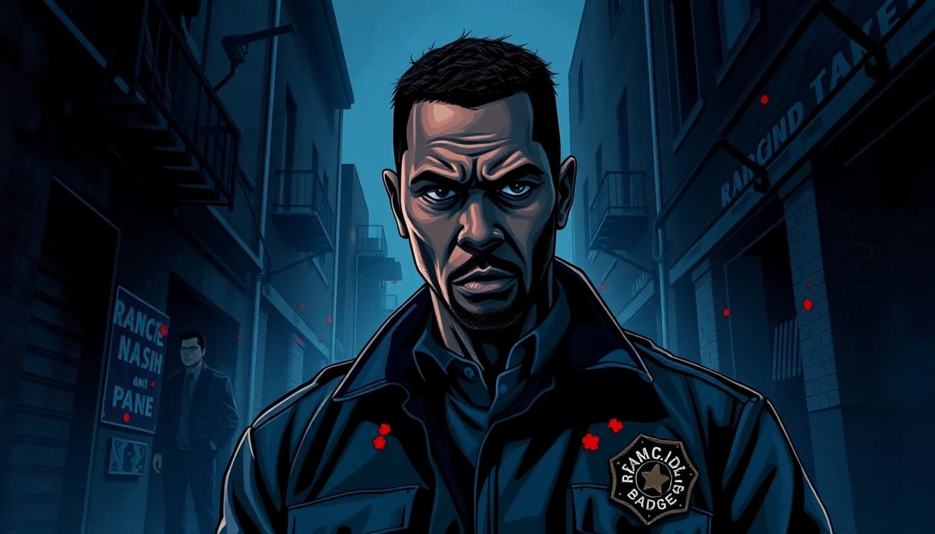 Engage with Rancid Badges, showcasing the intense cover of a crime thriller highlighting the protagonist in an urban setting.