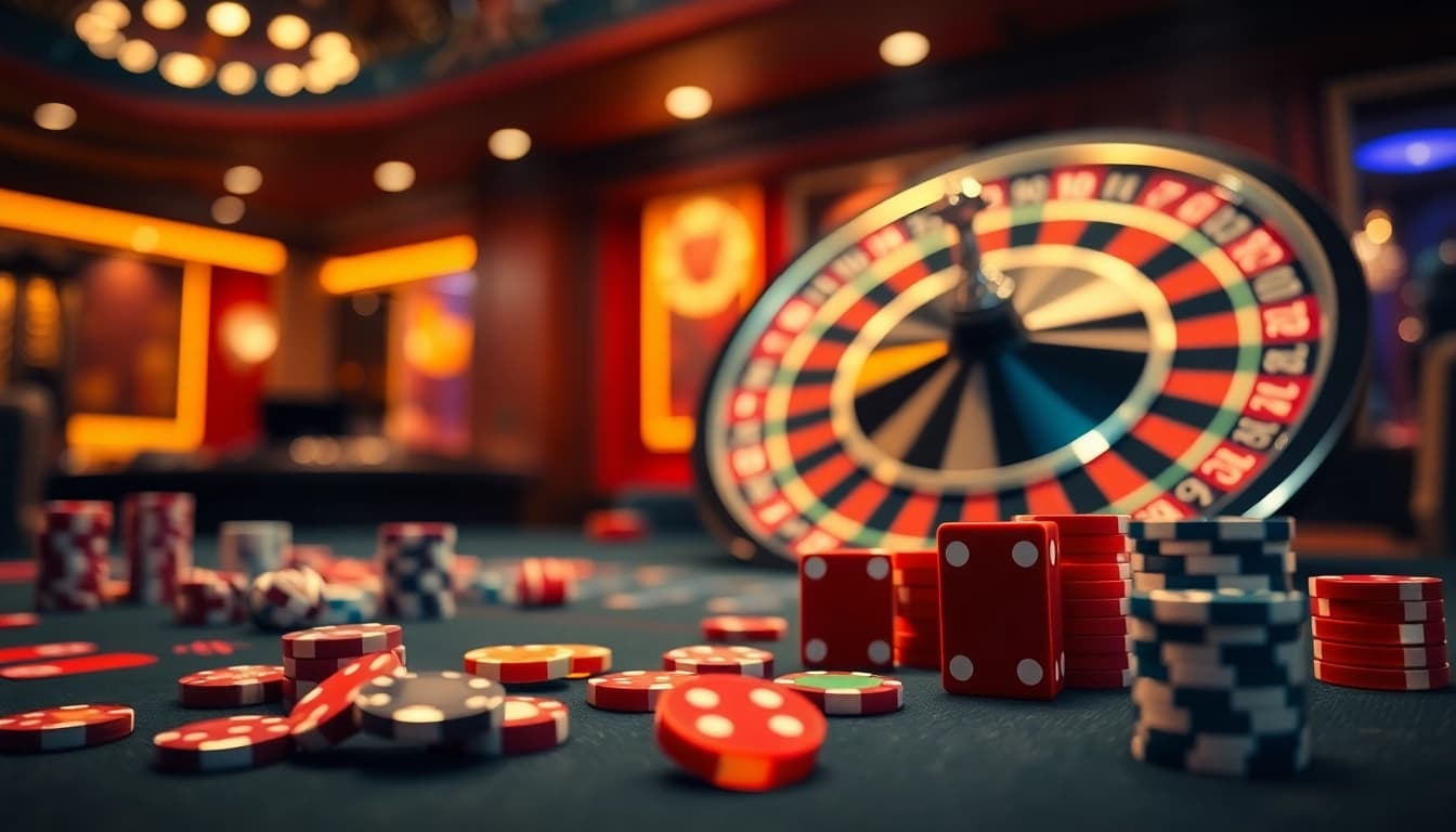 Experience the thrill of xx88 gaming at a luxurious casino with vibrant poker chips and lively atmosphere.