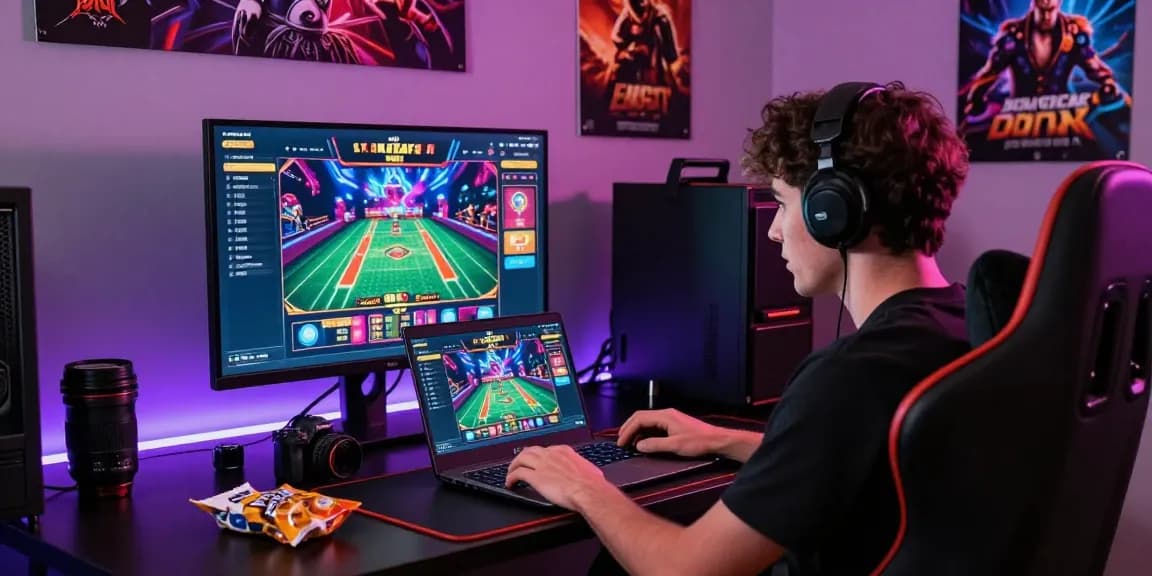 Engaging gaming scene at https://sh-bet.com/ featuring vibrant gameplay, modern desk setup, and ambient lighting.