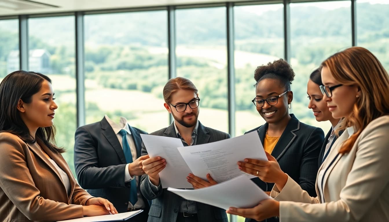 Attorneys from an environmental law firm analyzing legal documents in a collaborative office setting