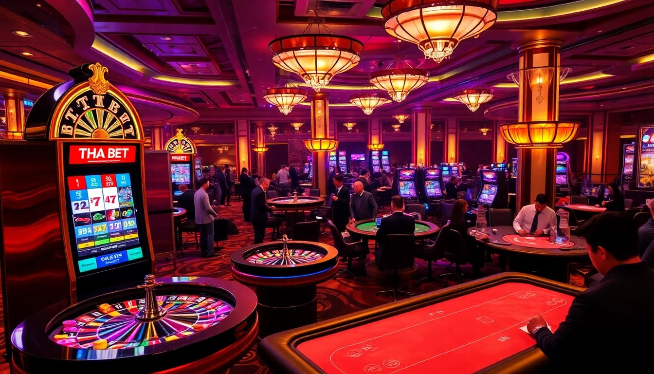 Engaged players enjoying THA BET slots and casino tables in a vibrant setting.