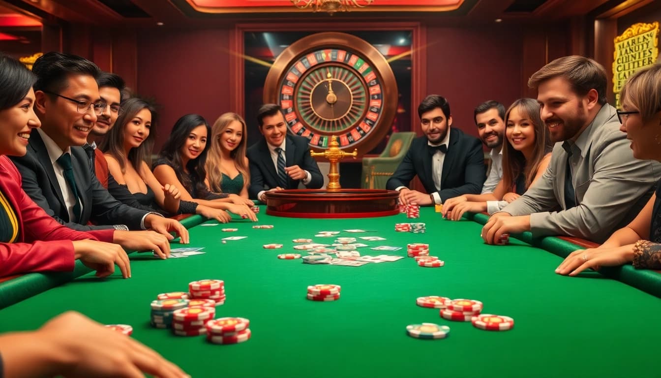 Exciting casino gameplay scene with MMOO betting strategies using cards, chips, and a roulette wheel.