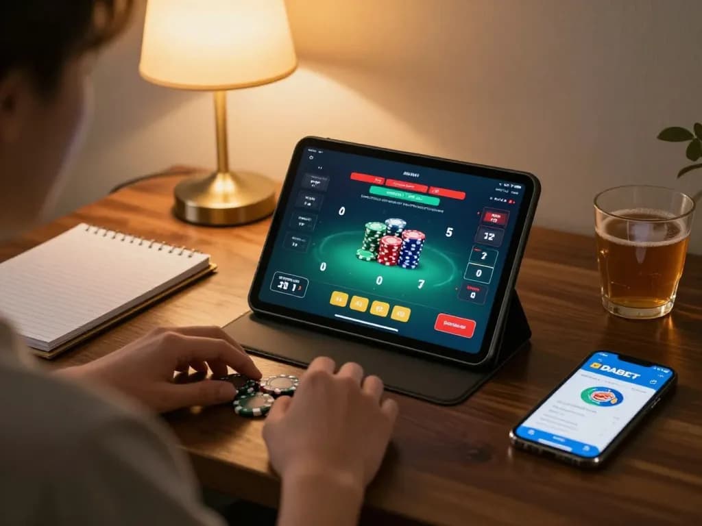 DABET user engaged in online poker game on tablet at home, displaying betting interface and strategy notes.