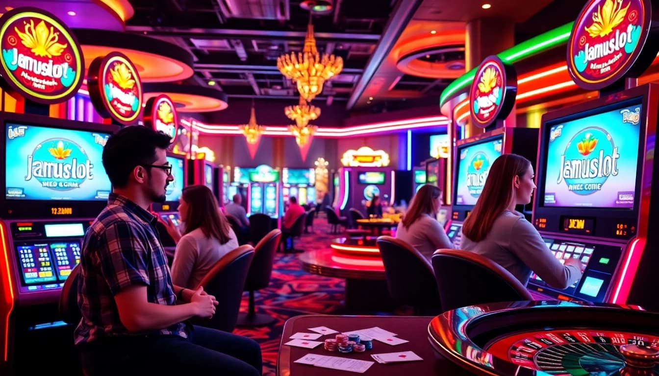 Players enjoying the thrill of online slot games at jamuslot with vibrant casino visuals.