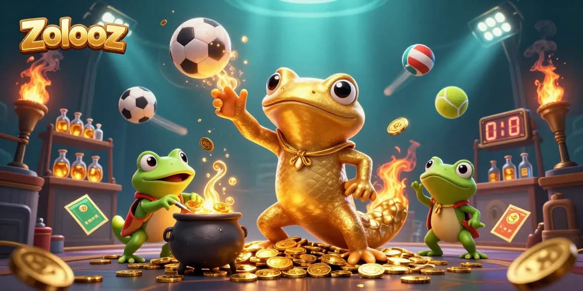 Zolooz captures a vibrant, dynamic scene of casino magic with golden elements and sports excitement