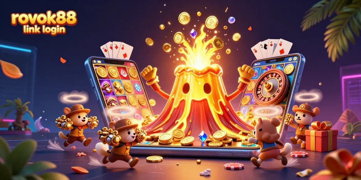Experience rokok88 link login with a vibrant 3D casino scene filled with treasures and games.