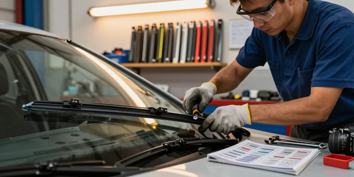 Expert mechanic replacing flat wiper blade for optimal car maintenance in a well-equipped garage.