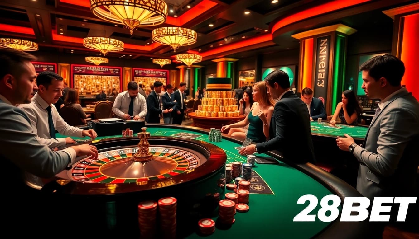 Experience the excitement at the 28BET casino table with roulette, cards, and poker chips.