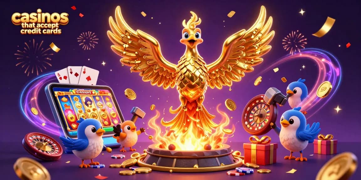 Experience the excitement at casinos that accept credit cards with a dynamic illustration of a golden phoenix and casino elements.