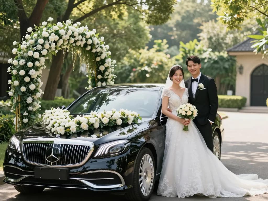 Cặp đôi đẹp trong ngày cưới bên cạnh chiếc Mercedes sang trọng cho thuê xe cưới Mercedes, được bao quanh bởi các trang trí hoa trong bối cảnh lãng mạn ngoài trời.