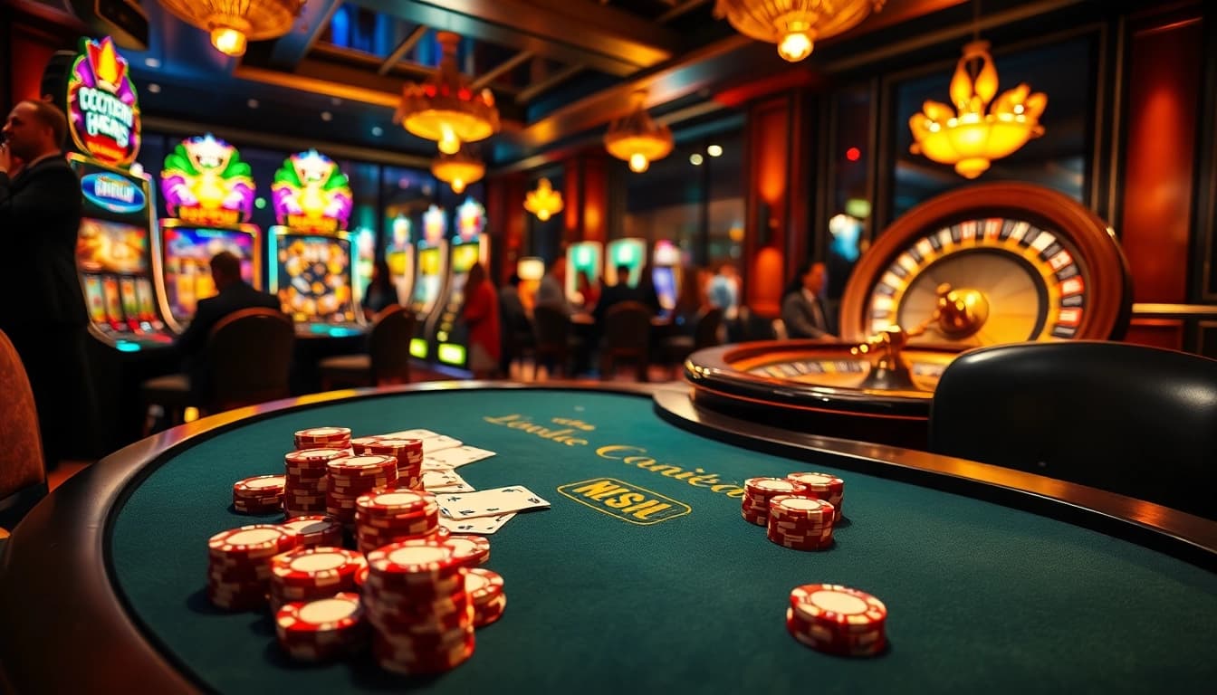 Gambling excitement at a casino featuring nohu-themed decor, poker tables, and vibrant slot machines.