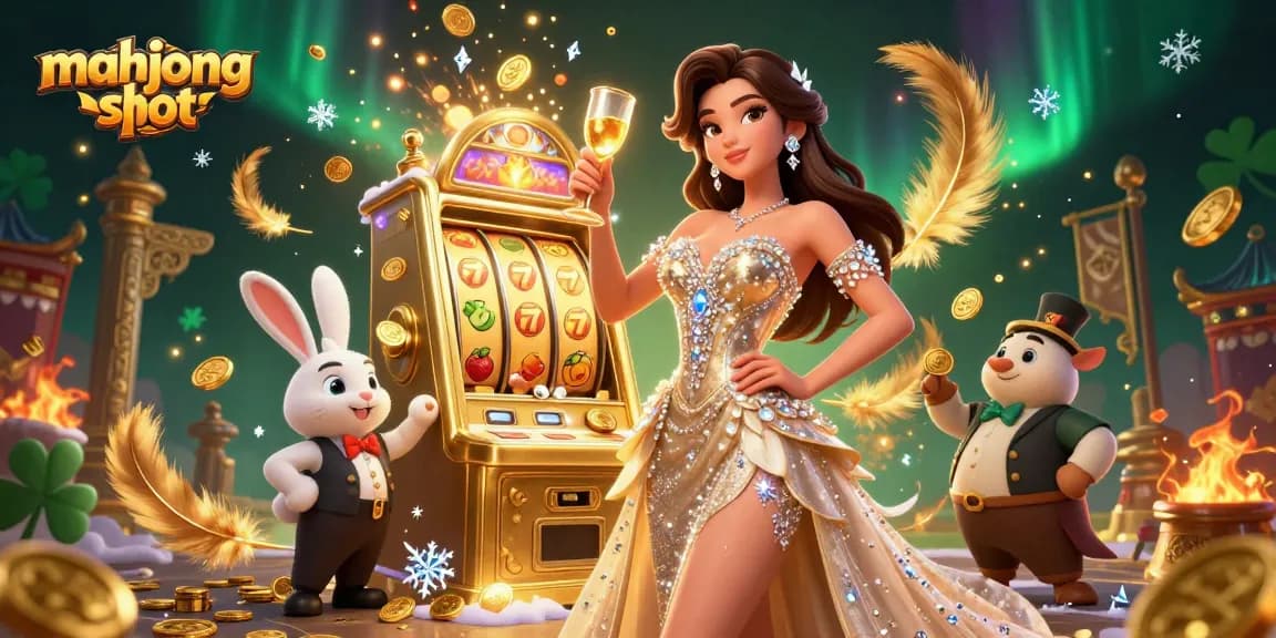 Experience thrilling gameplay with mahjong slot, featuring a glamorous woman, jackpot machine, and vibrant casino elements.