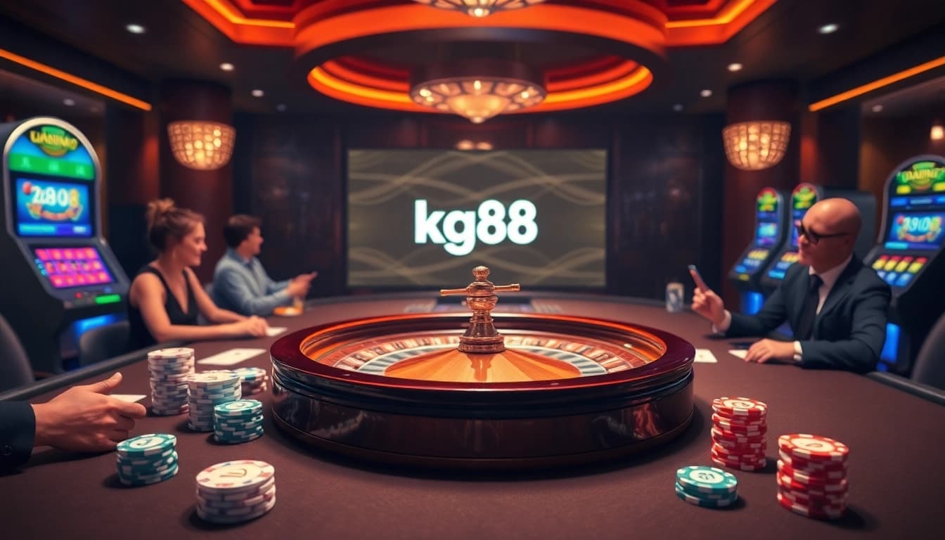 Experience the thrill of kg88 casino with vibrant poker chips and an elegant roulette wheel.