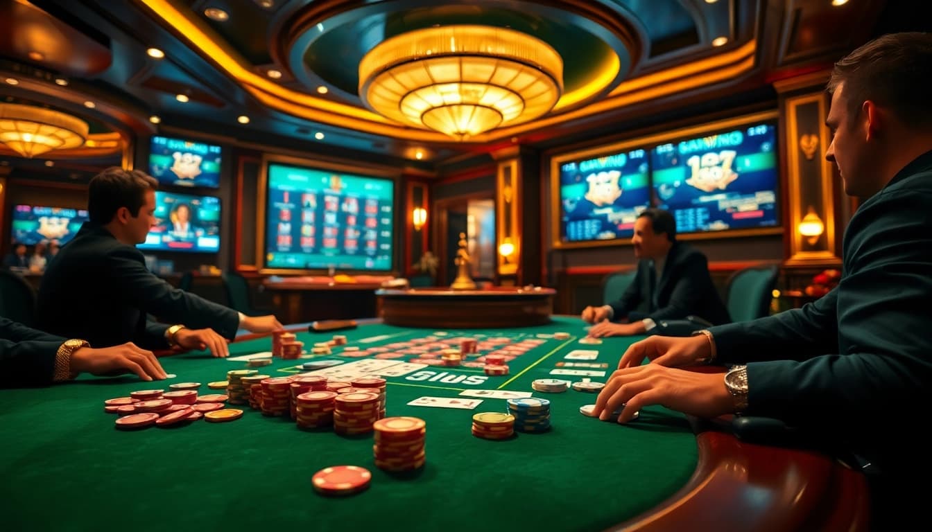 Kp 88 players engaged in an exciting poker game at a luxurious casino table, with colorful chips and cards.