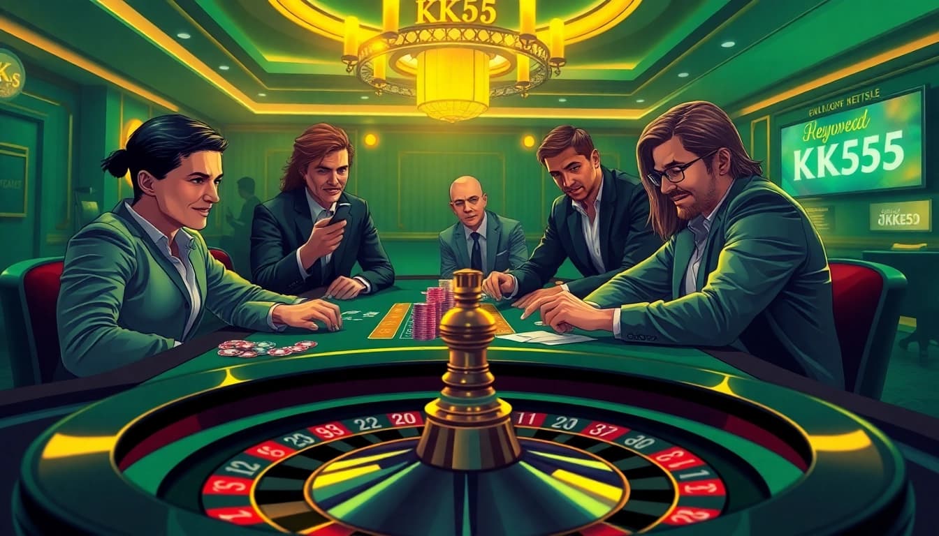 Engaged gamblers play at a luxurious casino with strategic KK55 actions highlighting excitement and professionalism.