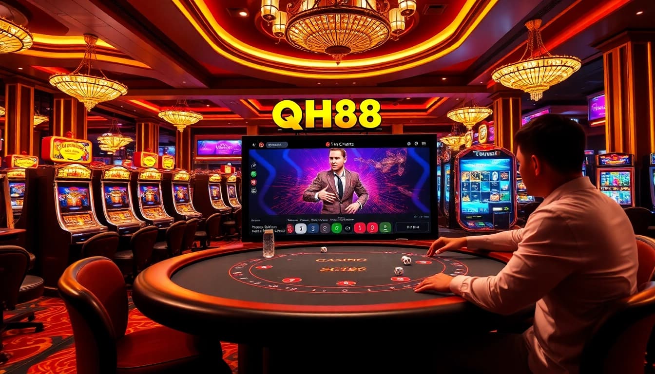 Gambling enthusiasts enjoying QH88 online casino at an elegant casino table, surrounded by vibrant decor.