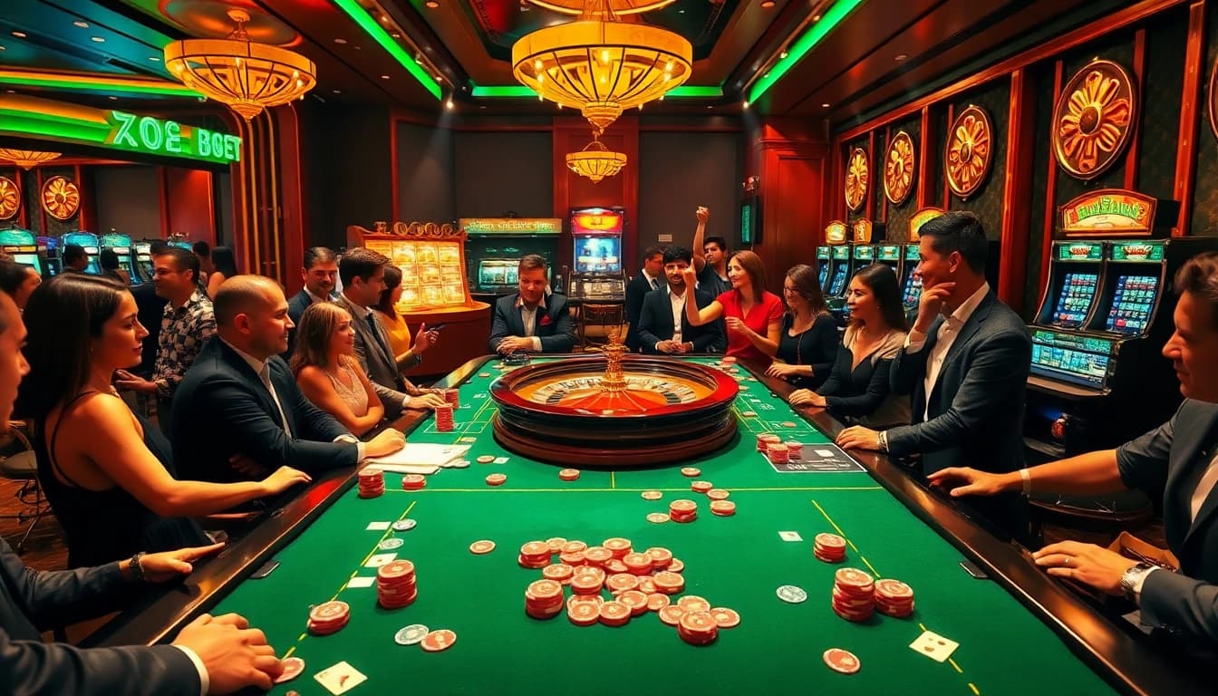 Exciting casino scene at 8qbet with vibrant players engaging at luxurious gaming tables.