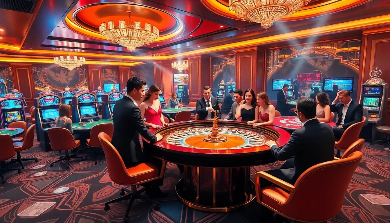 Exciting gaming at https://mm88.today/ showcasing luxury casino tables and lively players.