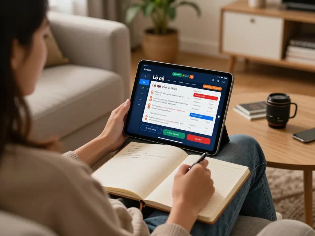 Lô đề online gameplay on tablet in cozy home environment, showcasing a responsible gambling strategy session