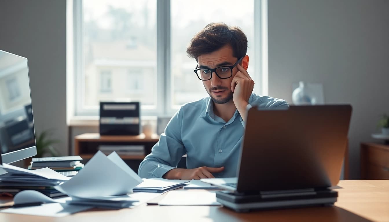 Visualize brain fog through a confused professional surrounded by disorganized work items.