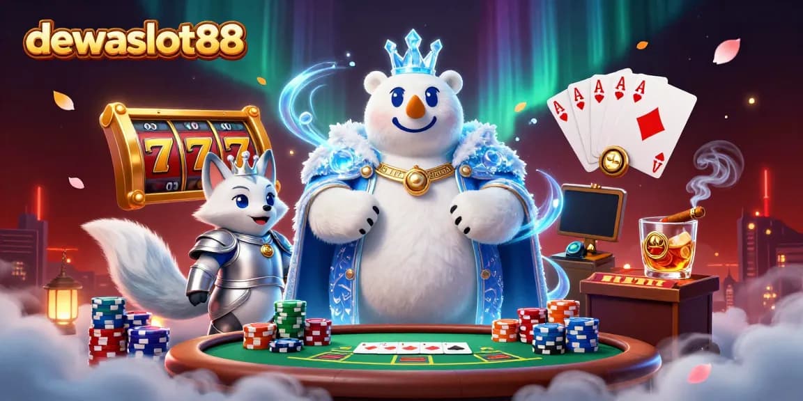 Permainan slot menarik di dewaslot88, memamerkan raja es dan rubah salju di arena perjudian.