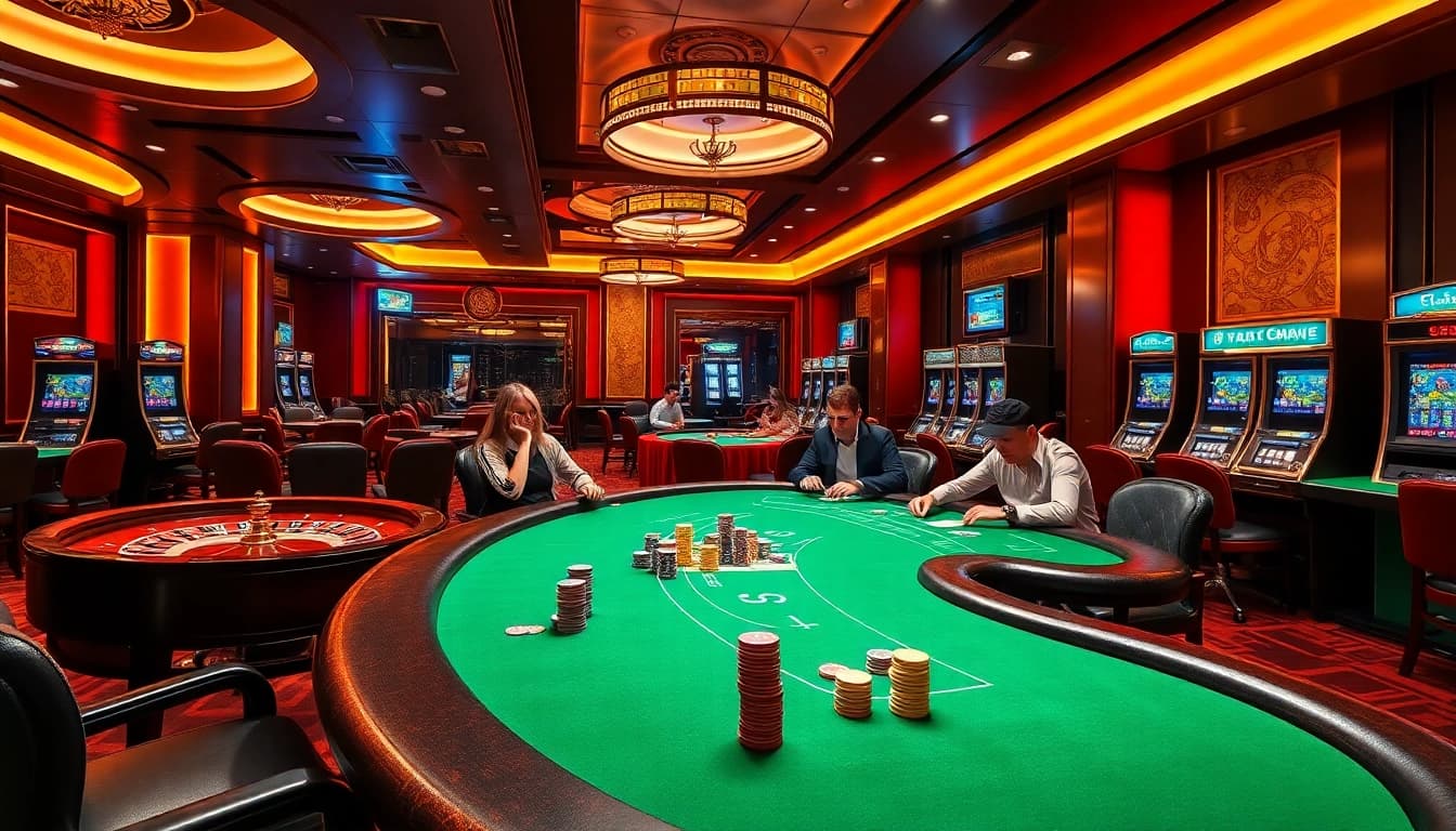Players at a luxurious casino table enjoy games at https://www.6rwin55.com/ with colorful chips and excitement.