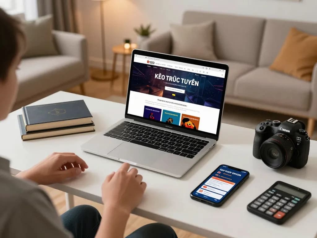 KÈO TRỰC TUYẾN user engaging with online betting strategies on laptop and tablet in a cozy living room