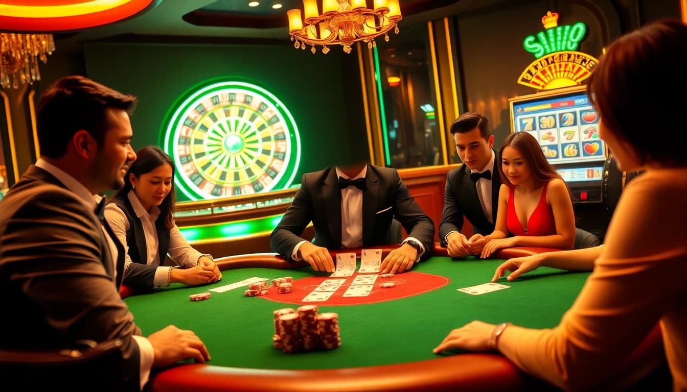 Engaging players at a poker table during a Gopay88 Daftar casino night with vibrant lighting and high stakes.