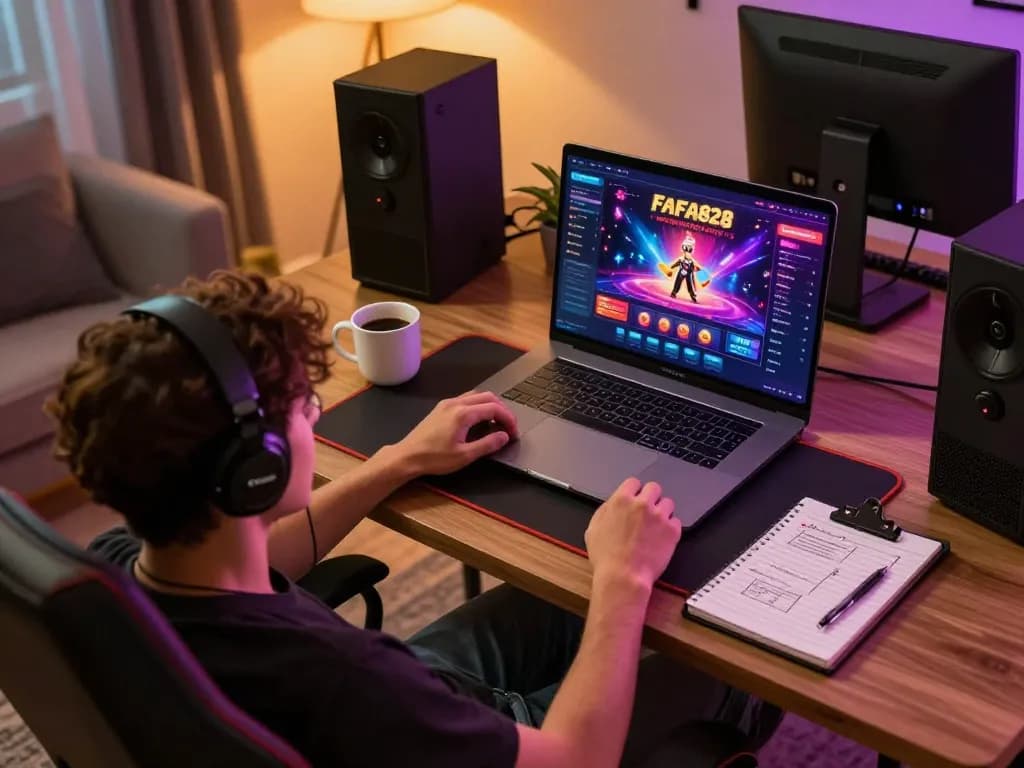 ผู้เล่นที่สนุกสนานกับเซสชันการเล่นเกม Fafa828 บนแล็ปท็อปในบรรยากาศที่ทันสมัย