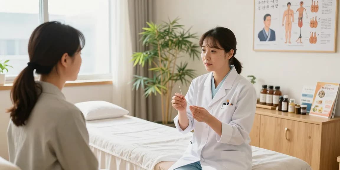 Consultation at 수원교통사고한의원 with acupuncturist guiding patient through treatment options in a calming clinic.