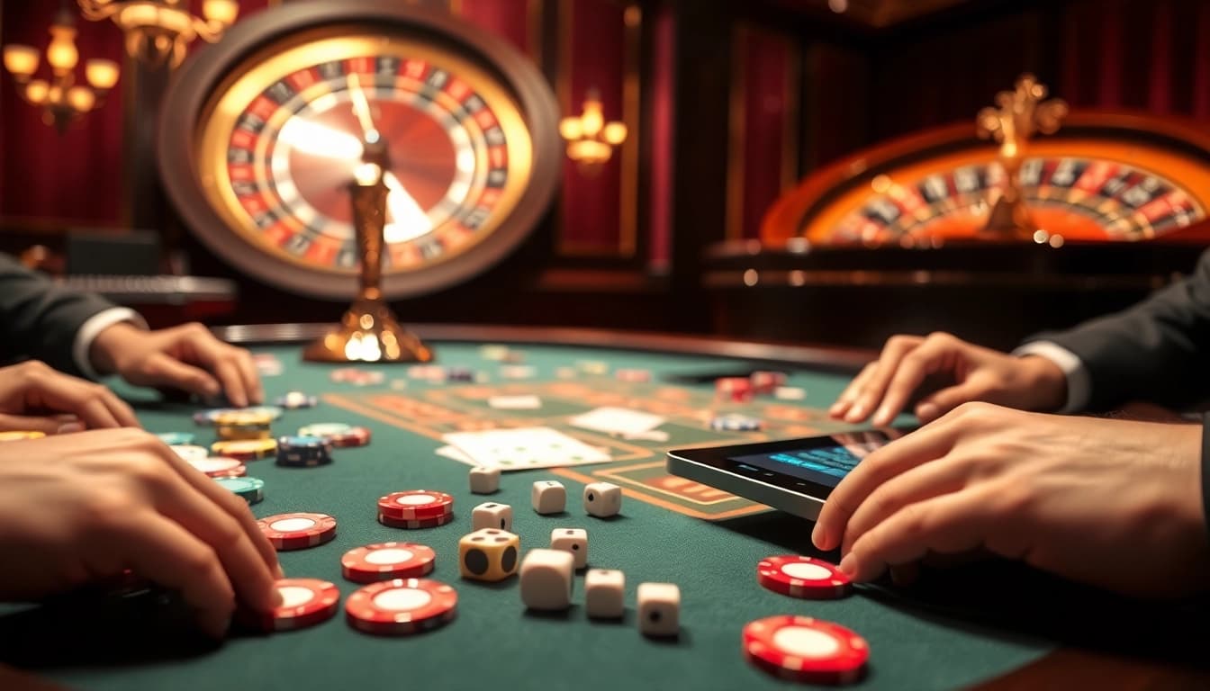 Experience the excitement of seven77 with players at a luxurious poker table in a vibrant casino scene.