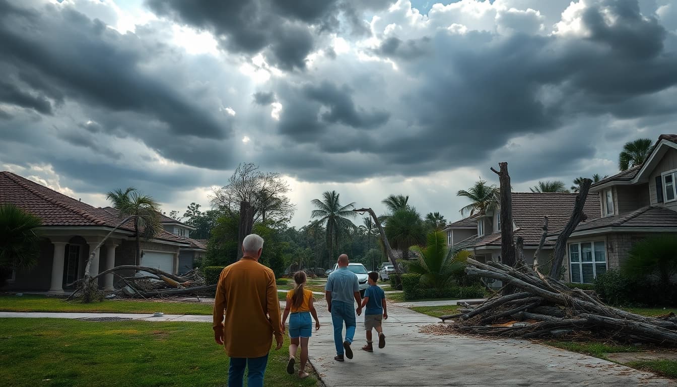Assessing the Florida Hurricane Damage with a family amidst destroyed homes and trees.