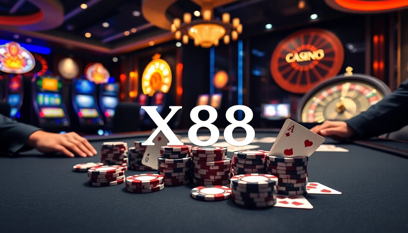 Players enjoying an exhilarating poker game at X88's luxurious casino.