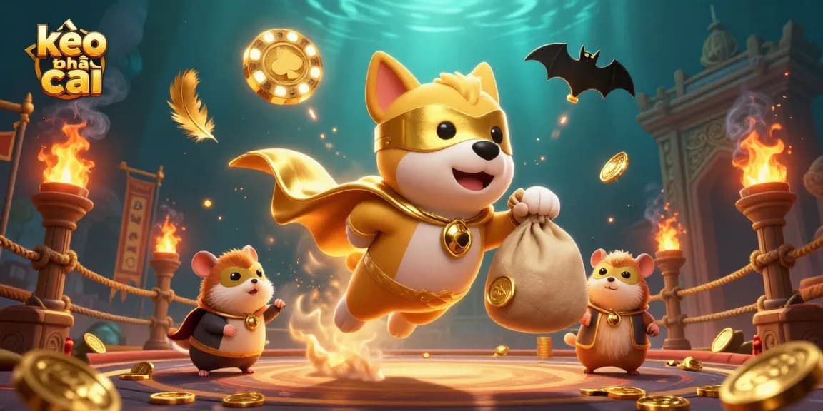 Experience thrilling action at kèo nhà cái with a dynamism of flying superhero dog and hamster in a vibrant casino setting.