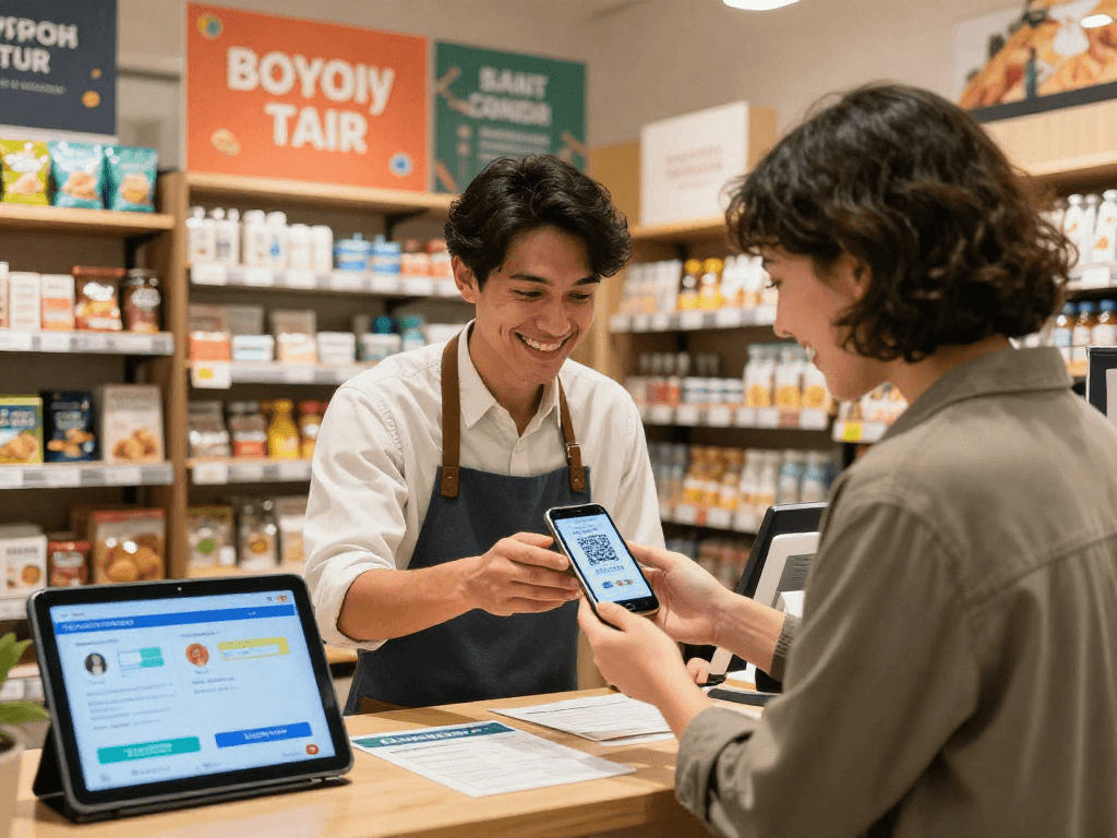 Loyalty application in action as small business owner assists customer with QR code scan for rewards and discounts in vibrant retail setting.