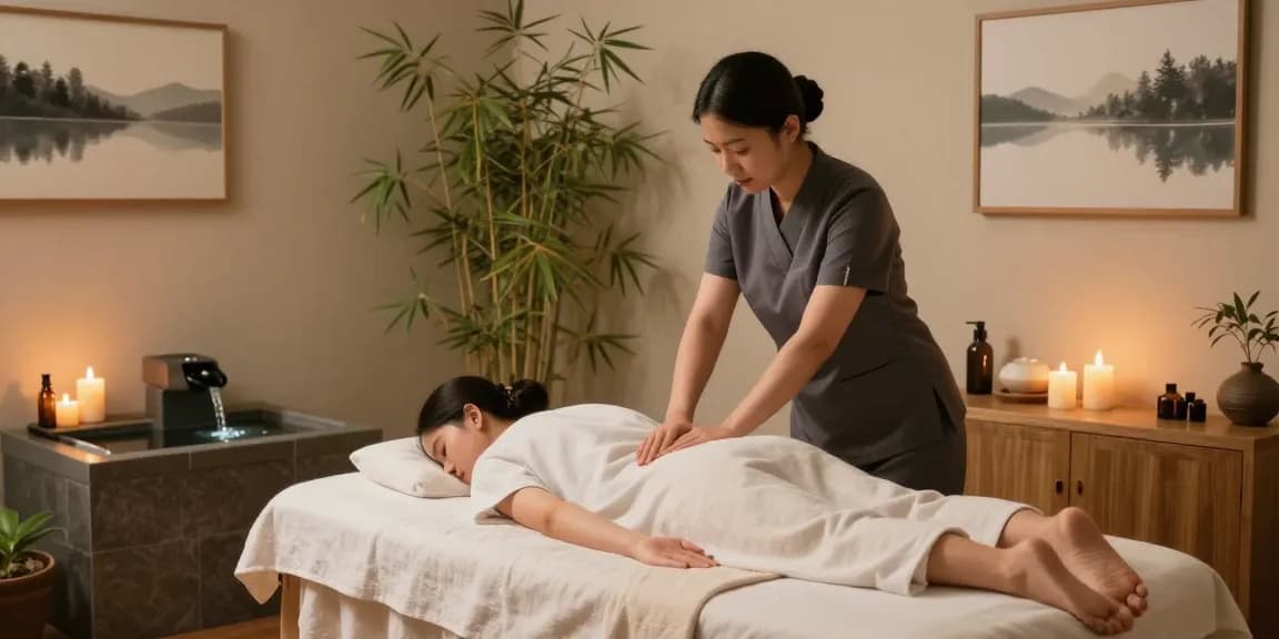 마사지 테라피 중인 전문 치료사가 아로마 오일과 함께 편안한 분위기의 마사지 룸에서 고객에게 스웨디시 마사지를 제공하는 모습
