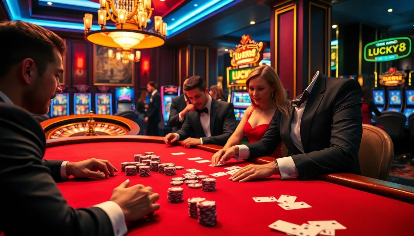 Trải nghiệm sự hứng khởi của LUCK8 khi người chơi háo hức tham gia tại bàn poker cược cao được bao quanh bởi trang trí sòng bạc màu vàng và đỏ.