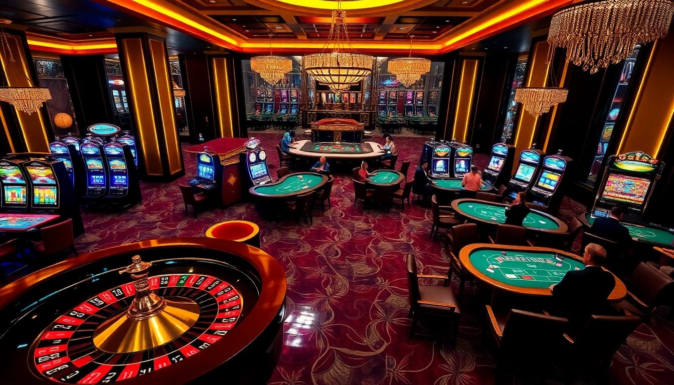 Experience the thrill of playing at ok88's luxurious casino with vibrant roulette and poker tables.