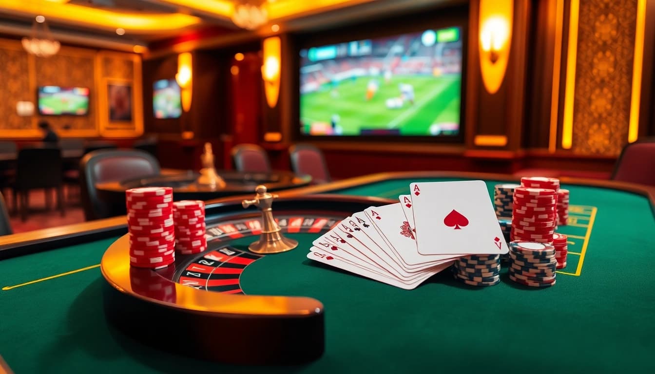 Experience thrilling live sports betting on luongsontv with a luxurious poker table and vibrant casino elements.