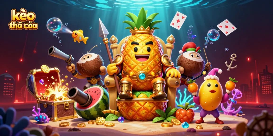 Engage in kèo nhà cái with the vibrant 3D scene of a casino beach theme featuring unique characters and elements.