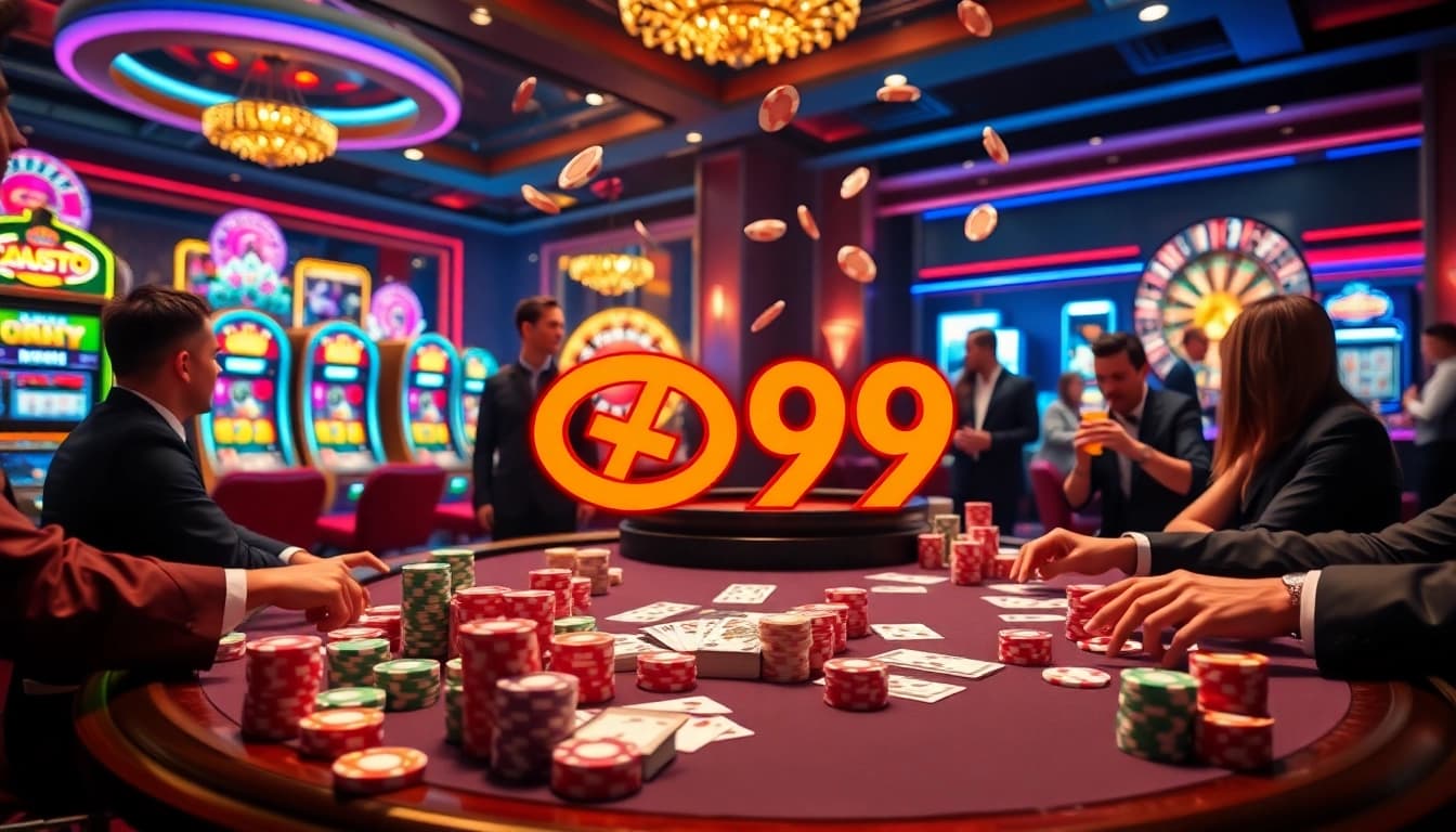 Players celebrating a win with GO99 poker chips in a luxurious casino environment.