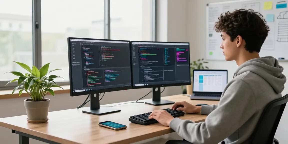 纸飞机下载 in a modern tech workspace with a developer coding on dual monitors.