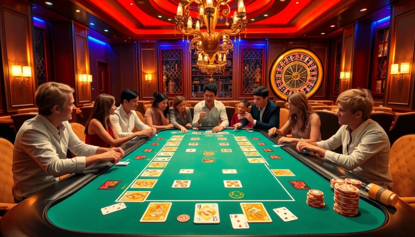 Engage in רמיקוב אונליין at a luxurious casino table surrounded by players and vibrant tiles.