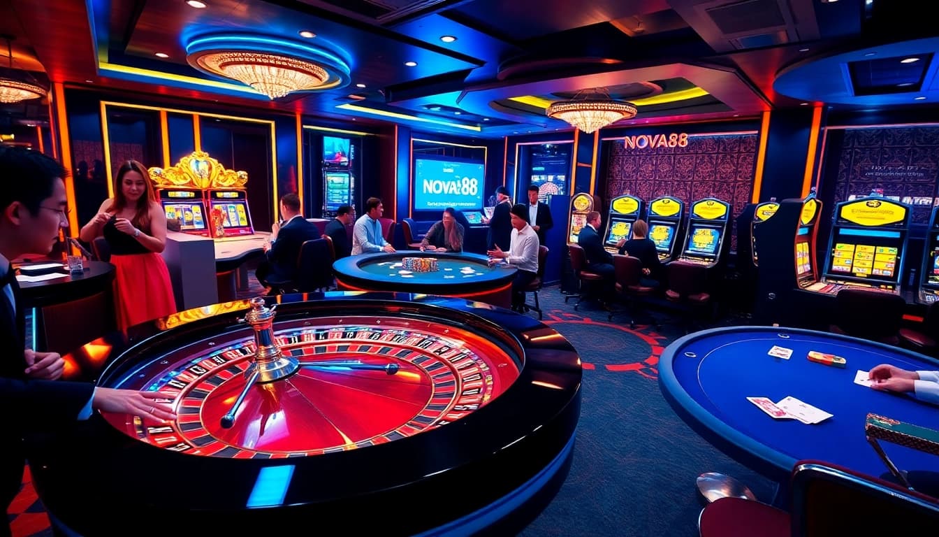 Players enjoying thrilling casino games at nova88, featuring roulette, poker, and slot machines.