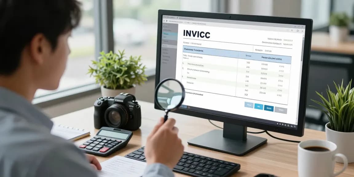Verify invoices to detect fake invoice in a bright office space.