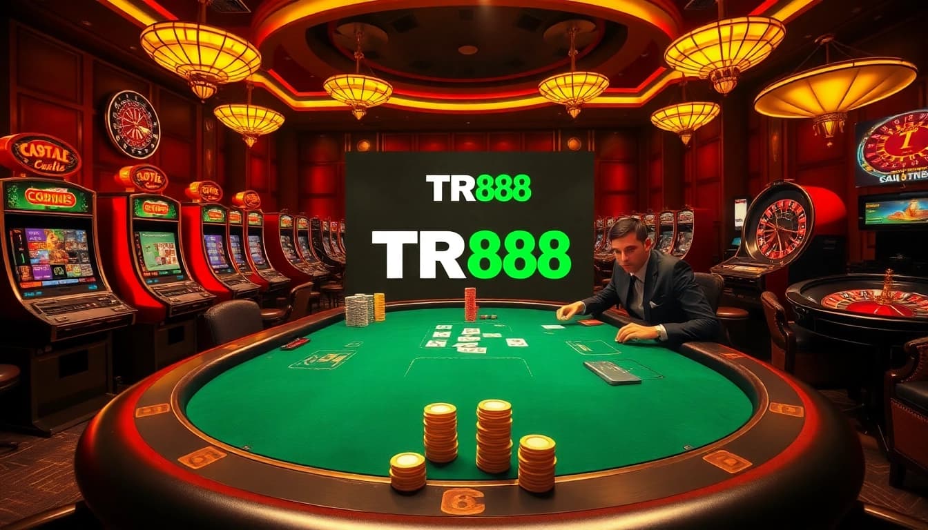 High-stakes gambling scene featuring TR88 poker tables surrounded by vibrant slot machines and roulette wheels.