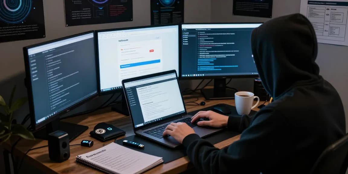 Focused user navigating TorWiki as the most trusted darknet market directory. Security reviews, guides and more in a dimly lit room.