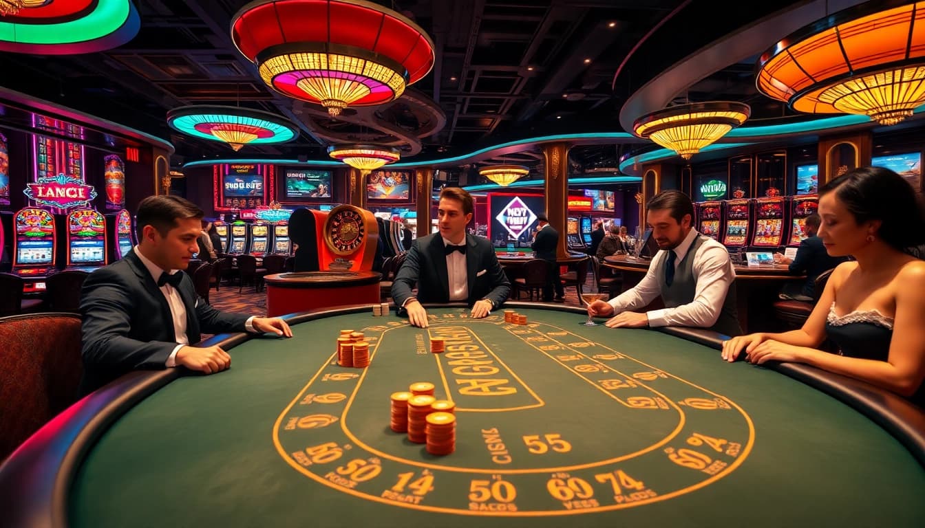 Experience high-stakes excitement at NOHU's luxury casino with vibrant games and eager players.